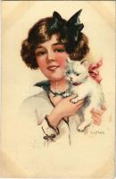 1918 Girl with cat. A. R. u. C.i.B. 1003/4. s: Elly Frank (tiny tear)