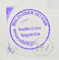 Boldizsár István (1897-1984): Faluvége. Rézkarc, papír, hátoldalán hagyatéki pecséttel. 19x29 cm