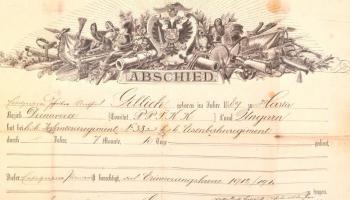 1914 K. u. k. Ersatzbataillon des Eisenbahnregiments katonai elbocsátó levél, mely egyben igazolja, ...