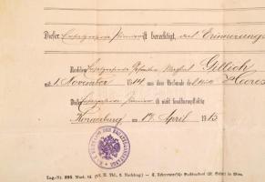 1914 K. u. k. Ersatzbataillon des Eisenbahnregiments katonai elbocsátó levél, mely egyben igazolja, ...