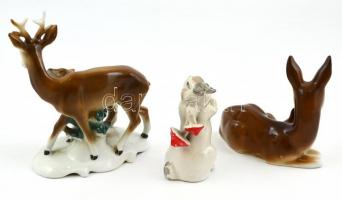 3 db porcelán figura. őzek, nyúl. 17 cm, 10 cm , 10 cm. Jelzettek, kis kopással