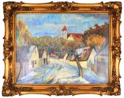 Sági Sándor (1917-2007):  Balaton-melléki falu. Olaj, vászon. Jelzett. Üvegezett keretben. 60x80 cm