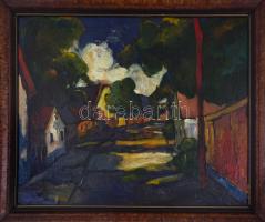 Jelzés nélkül: Utcarészlet. Olaj, vászon, kopottas fa keretben 53,5×68,5 cm