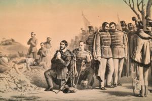 Kossuth Lajos imája a kápolnai elesettek felett 1849. évi Február 27 napján. Dekoratív, részben szín...