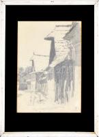 Ismeretlen jelzéssel: Utcarészlet. Ceruza, papír, üvegezett fa keretben, 27x19,5 cm