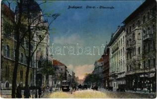 1922 Budapet IX. Üllői út, Iparművészeti Múzeum, villamos, üzletek (kopott sarkak / worn corners)