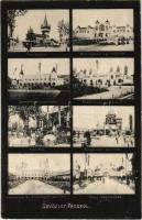 1907 Pécs, Országos Kiállítás: főbejárat, mezőgazdasági és ünnepélyek csarnoka, gép- és iparcsarnok, bányászati és közoktatásügyi pavilon, kávéház