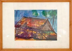 Olvashatatlan jelzéssel (...Antal): Házikó. Akvarell, papír, jelzett, ajándékozási sorokkal, kopott,...