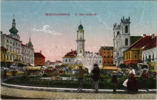 Besztercebánya, Banská Bystrica; IV. Béla király tér, szökőkút, piac / square, fountain, market