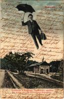 1904 Budapest XII. Széchenyi hegyi vasútállomás, Kirándulás a Svábhegyi Fogaskerekű vasúthoz. Montázs repülő úriemberrel esernyővel (fl)
