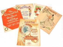cca 1910, össz. 5 db kotta, Oscar Dienzl (Oszkár) szerzeményei, szecessziós, dekoratív illusztrált borítóval. Különféle kiadások. Kiadói papírkötés, egyik borítón árbélyegzővel.