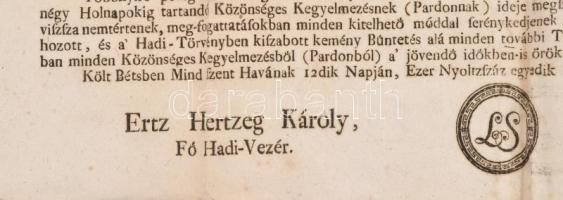 1801 Őfelsége nevében kiadott rendelkezés a szökött katonák kegyelemben való részesítésének ügyében
