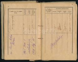 cca 1920-27 Fényképes cselédkönyv kalocsai szül. személy részére, sok bejegyzéssel, szétváló fűzésse...