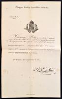 1892 Magyar királyi honv. miniszter kinevezési okirat, báró Fejérváry Géza (1833-1912) sajátkezű aláírásával, szárazpecsétjével, fejléces papíron, foltos, hajtásnyommal, kis szakadással