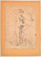 Lotz jelzéssel: Antik istennő Lipsia feliratos pajzzsal. Litográfia, papír, paszpartuban, foltos, 34x25 cm