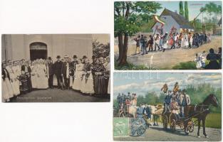 3 db RÉGI motívum képeslap: lakodalmas folklór/ 3 pre-1945 motive postcards: wedding folklore