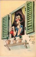 Lady watering the flowers. Italian art postcard. Cecami N. 1010. artist signed