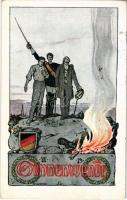 1909 Sonnenwende / German patriotic art postcard, academic fencing, German flag s: E. Kutzer (EK)
