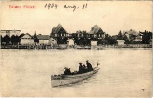 1909 Balatonföldvár, nyaralók, villasor, fürdőkabinok, motorcsónak. Gerendai Gyula kiadása