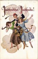 1922 Juchheidihei Juchheida! / German patriotic art postcard, boy with girls. Deutscher Schulverein Karte Nr. 1413. s: E. Kutzer (EK)