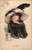 Contentment. Lady with coffee. Reinthal & Newman. Water Color Series No. 383. s: Harrison Fisher (fl)
