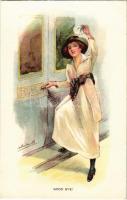 Good Bye! Lady on train, art postcard s: Arthur Wimble (EK)