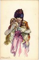 Lady with dogs. Italian art postcard. 637-2. s: Bompard