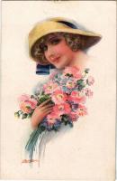 Lady with flowers. Italian art postcard. ERKAL No. 338/2. s: USABAL (kis szakadás / small tear)
