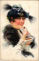 1918 Lady with chocolate bonbons. Italian art postcard. ERKAL No. 315/4. s: USABAL (EK)