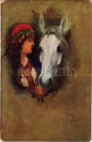 Ihr Liebling / A kedvenc / Lady with horse, art postcard. D.K. & Co. P. 2007. s: Oplatek (kopott sarkak / worn corners)