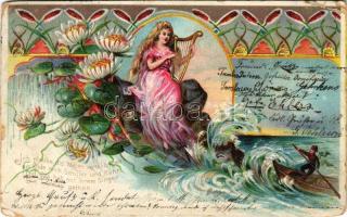 1903 Ich glaube die Wellen verschlingen... / siren with harp. Art Nouveau, floral, litho (szakadások / tears)