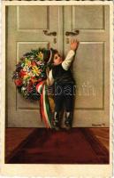 1934 Boy in traditional costumes, Hungarian folklore art postcard. Magyar Rotophot 900/8. s: Pólya T. (kissé ázott sarok / slightly wet corner)