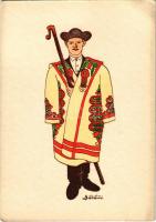 Hortobágyi juhász / Shepherd of Hortobágy. Hungarian folklore art postcard s: György Détári (EK)