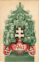 1942 Karácsonya Harcoló honvédeinké és hozzátartozóiké; levente szimbólumokkal, hajtható lap / WWII Hungarian military Christmas greeting with youth paramilitaric organizations symbols, foldable (non PC) (EK)