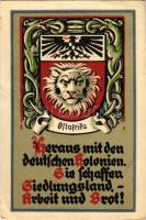 Heraus mit den deutschen Kolonien. Sie Schaffen Siedlungsland, Arbeit und Brot! / German East Africa, German colony, coat of arms (EB)