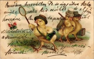 1900 Húsvéti üdvözlet / Easter greeting card, chicken catching butterfly, litho (apró szakadás / tiny tear)