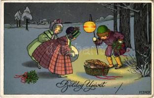 Boldog Újévet! / New Year greeting card, children with piglets. M.M. Nr. 1392. litho s: Pauli Ebner (EK)