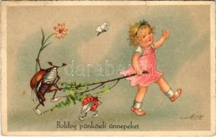 1943 Boldog pünkösdi ünnepeket / Pentecost greeting card, girl with bugs s: M. H. (fl)