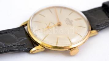 Svájci Cornavin Antimagnetic, mechanikus aranyozott számlapos karóra, bőr szíjjal, jó állapotban, mű...