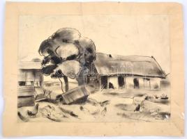 Ducsay Béla(1893-1967): Parasztudvar állatokkal. Szén, papír, papírra kasírozva jelzett, hátoldalán ...