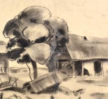 Ducsay Béla(1893-1967): Parasztudvar állatokkal. Szén, papír, papírra kasírozva jelzett, hátoldalán ...