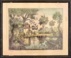 Remsey Jenő (1885-1970): Kompátkelő. Rézkarc, papír, jelzett, sérült üvegezett keretben, 29x38 cm