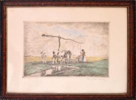 Edvi Illés Aladár (1858-1927): Itatás. Színezett rézkarc, papír, jelzett, üvegezett fa keretben, 18×...