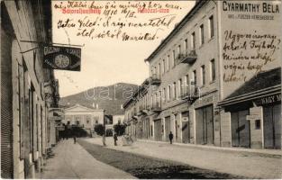 1910 Sátoraljaújhely, Rákóczi utca, Gyarmathy Béla vas és fűszerkereskedése, Groszman H. Sámuel órás és ékszerész, Markovics S. cipőraktára, Vajda és Eisenstädter, Farkas, Schwartz Manó és Nagy üzlete (EK)