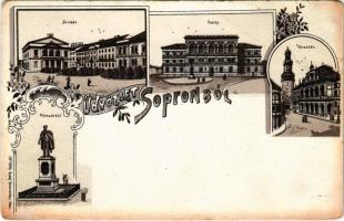 Sopron, színház, , kaszinó, városház, Széchenyi szobor. Rudolf Oesterreicher Art Nouveau, floral, litho (EB)