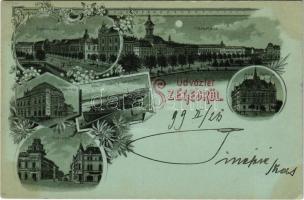 1899 Szeged, Városháza, Széchenyi tér, Városi színház, Híd utca, Közúti vashíd és rakpart, MÁV palota. Art Nouveau, floral, litho
