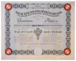 Budapest 1926. Magyar Általános Bank Részvénytársaság névre szóló részvénye 10P-ről, vízjeles papíron, szárazpecséttel, szelvényekkel T:II ragasztónyom