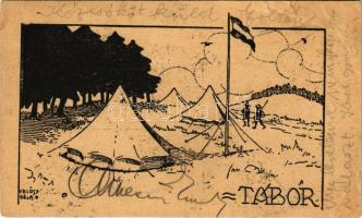 1922 Tábor. A KEG (Katolikus Egyetemi Gimnázium) cserkészcsapatok kiadása / Hungarian boy scout art postcard, Hungarian flag, scout camp s: Velősy Béla (EB)