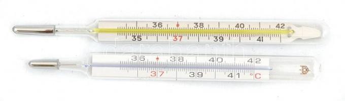 2 db higanyos lázmérő, kopottas, repedt tokban, egyikről hiányzik a kupak, 14 cm