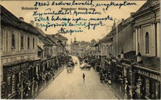 1914 Kolozsvár, Cluj; Wesselényi Miklós utca, Kovács József és Pap Ernő üzlete, Pannónia szálloda, színház. Fuhrmann Miklós kiadása  / street, shops, theatre, hotel